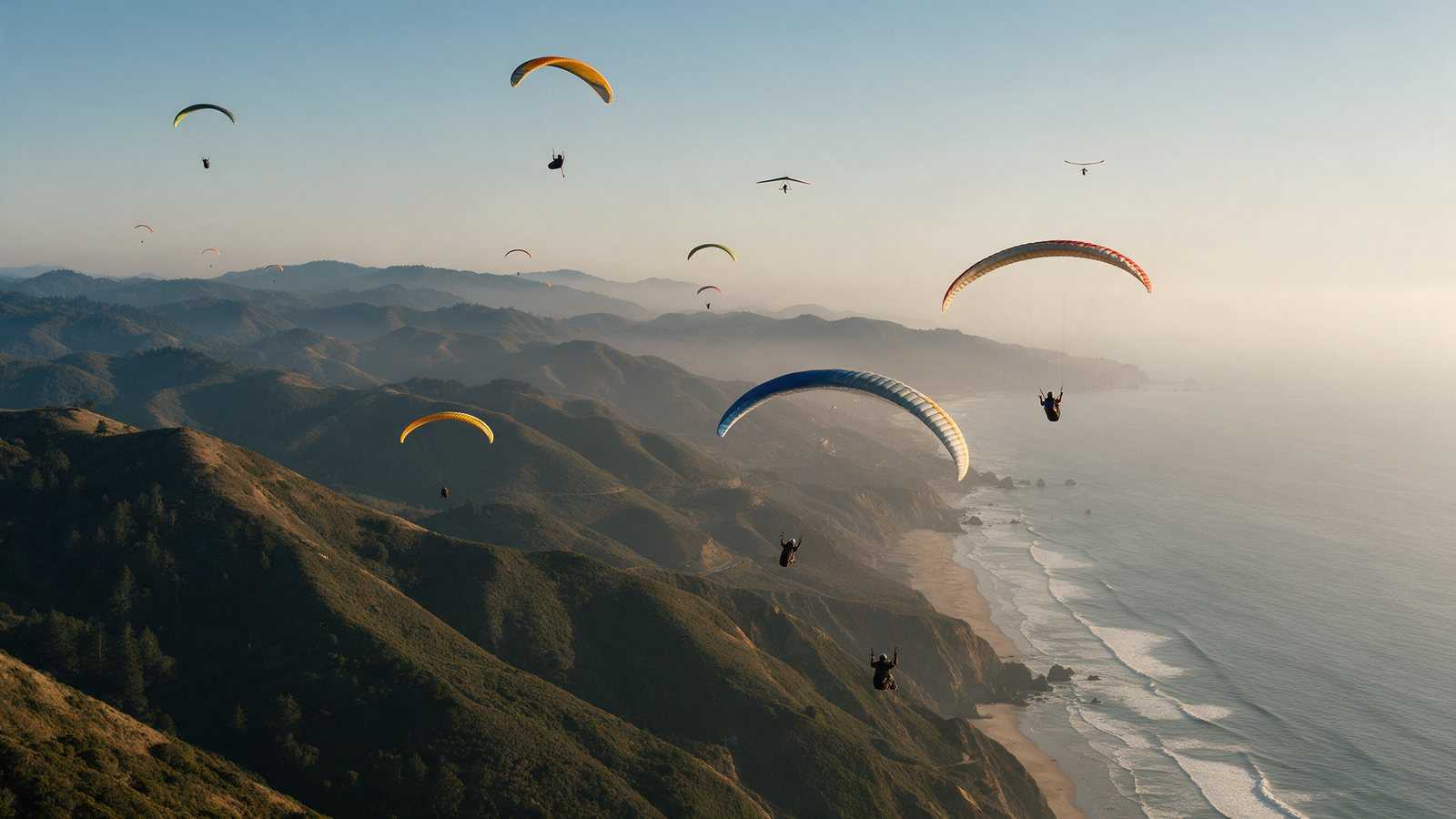 A paraglider and a hang glider soaring above a coastal ridge in California