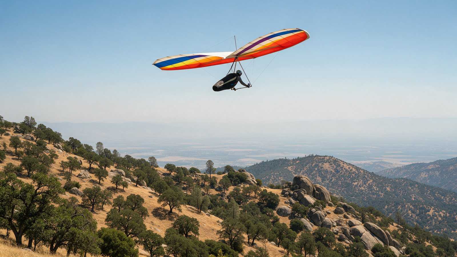 Hang glider and paragliders soaring over golden Sierra foothills near Dunlap, east of Fresno