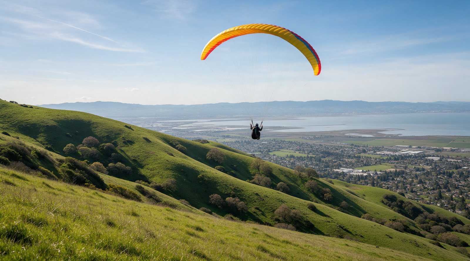 A paraglider and hang glider over the grassy hills of Ed R. Levin County Park in Milpitas