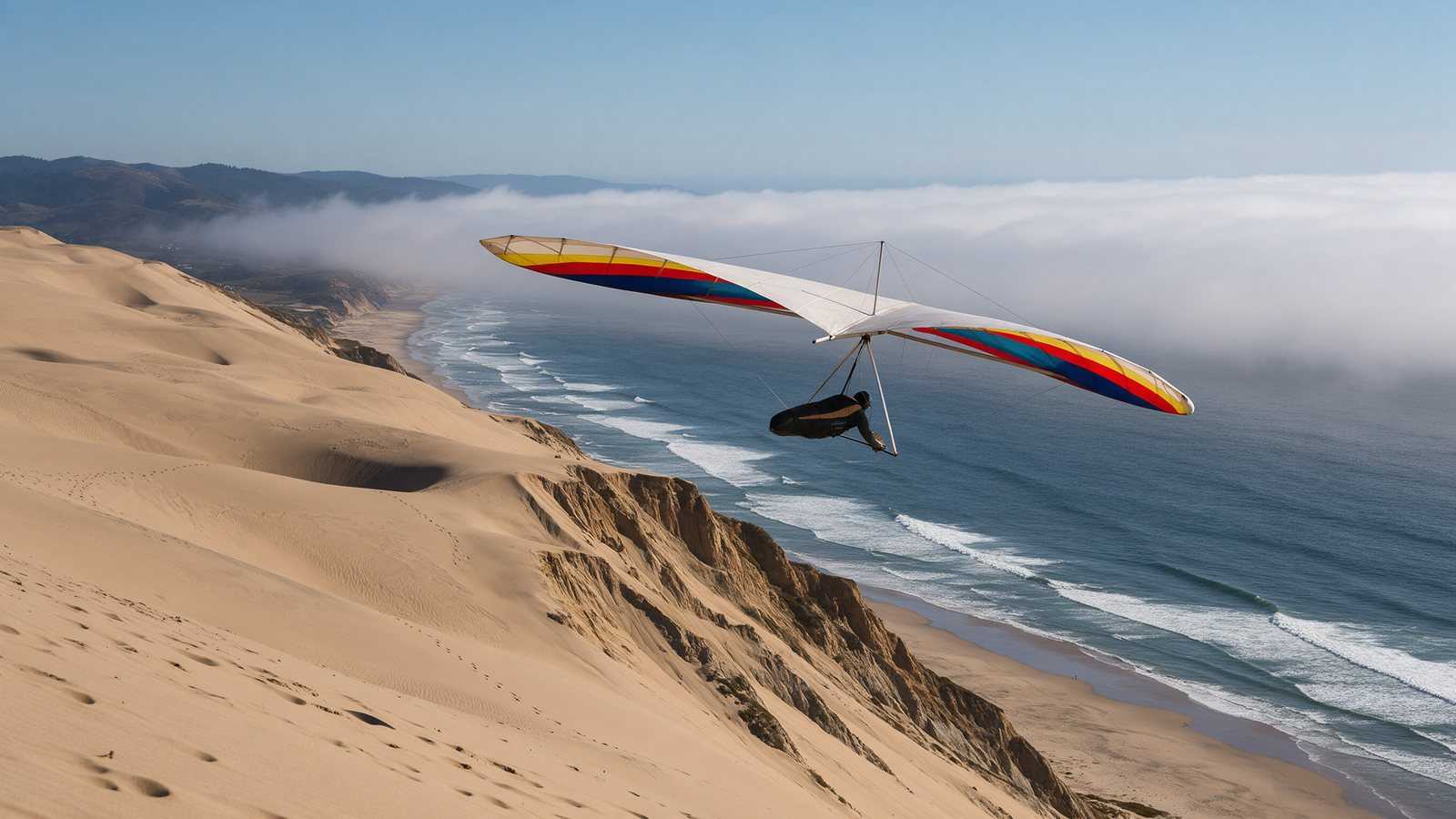 A hang glider ridge soaring the sandy bluffs at Fort Funston on the San Francisco coast