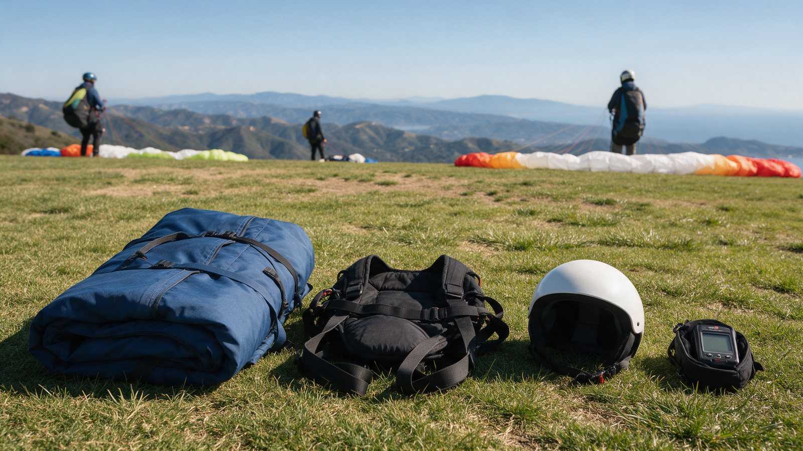 Hang glider and paraglider gear laid out next to a car at a hilltop launch
