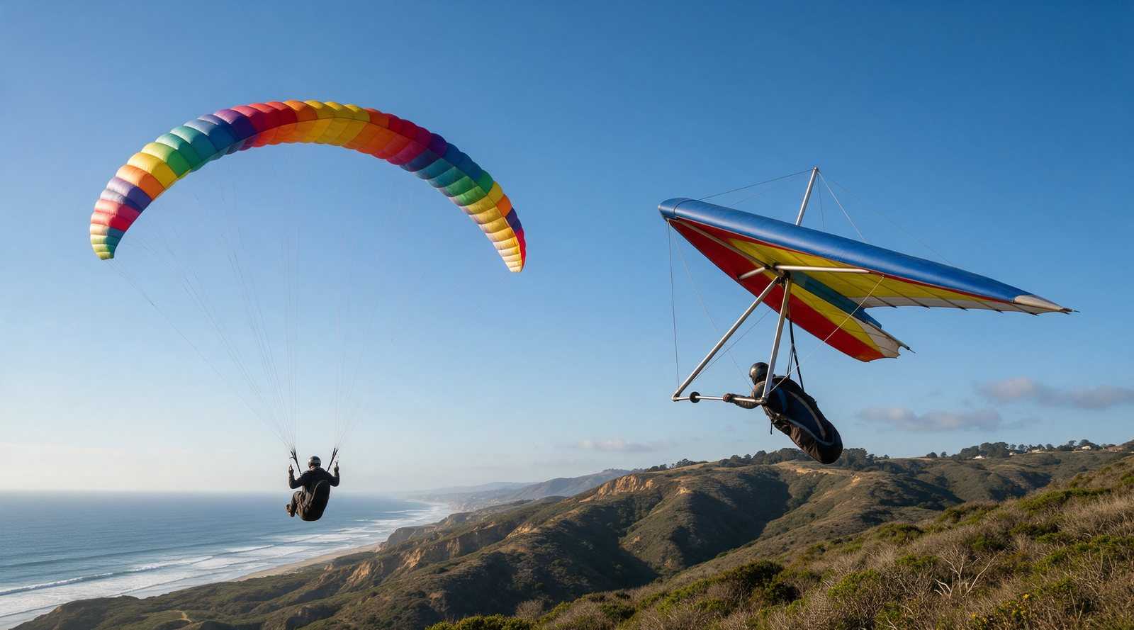 A hang glider and a paraglider soaring together along a coastal ridge