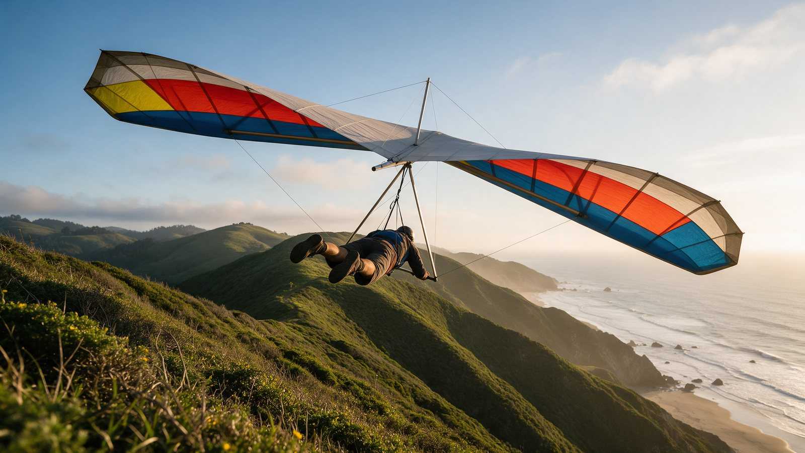 Hang glider soaring along a grassy coastal ridge above the ocean in late afternoon light