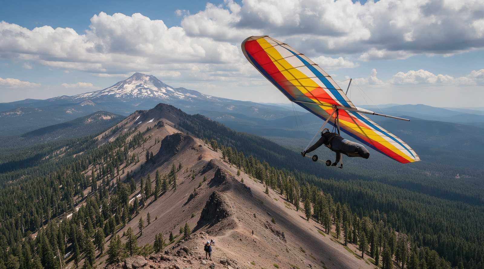 Paragliders and a hang glider soaring the Hat Creek Rim at sunset with Mount Shasta in the distance