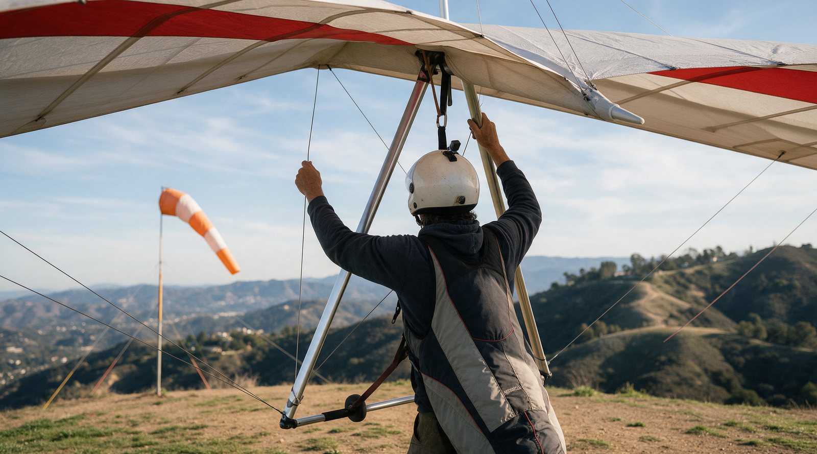 Hang glider pilot inspecting a rigged glider at a hilltop launch with a windsock nearby