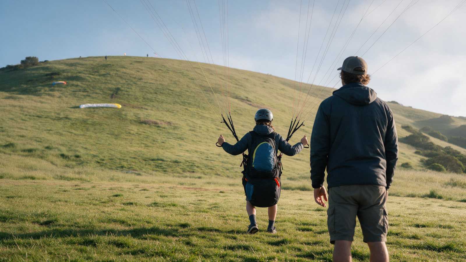 Student hang glider pilot launching from a gentle training hill while an instructor runs beside the wing