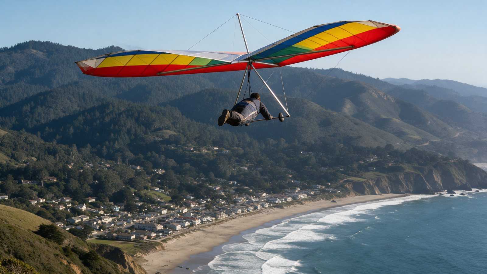 A hang glider flying from Mount Tamalpais toward the landing beach at Stinson Beach in Marin County