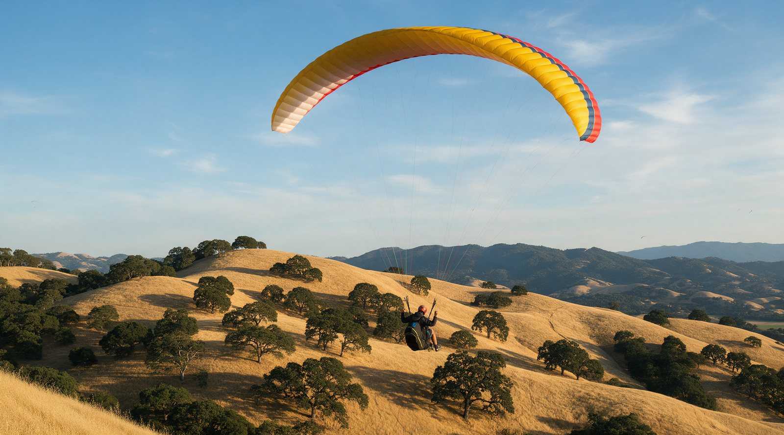 Paraglider soaring above sea cliffs and the Pacific Ocean on a clear day