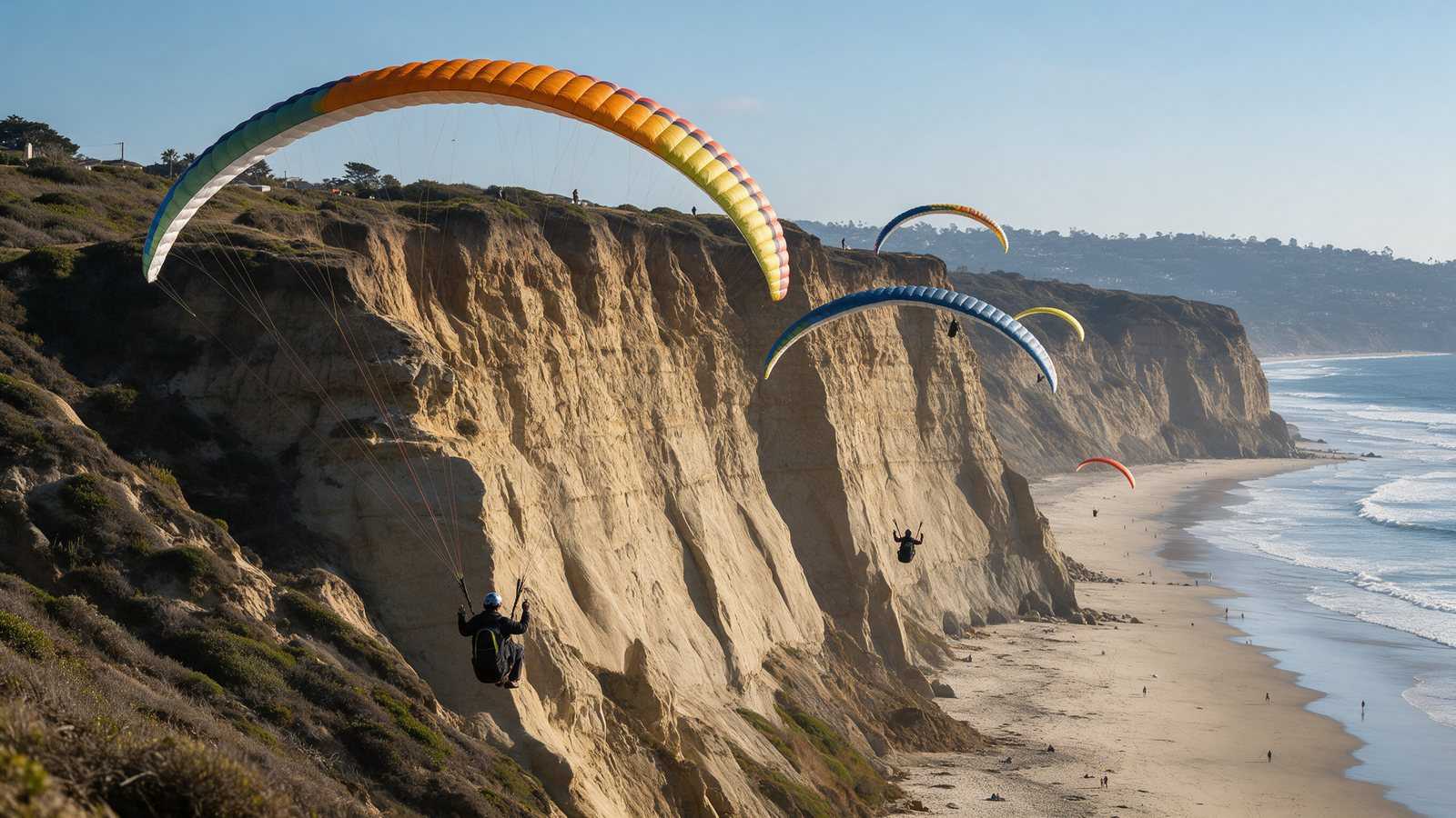 Paragliders soaring along the sandstone cliffs at Torrey Pines Gliderport above Black's Beach in La Jolla