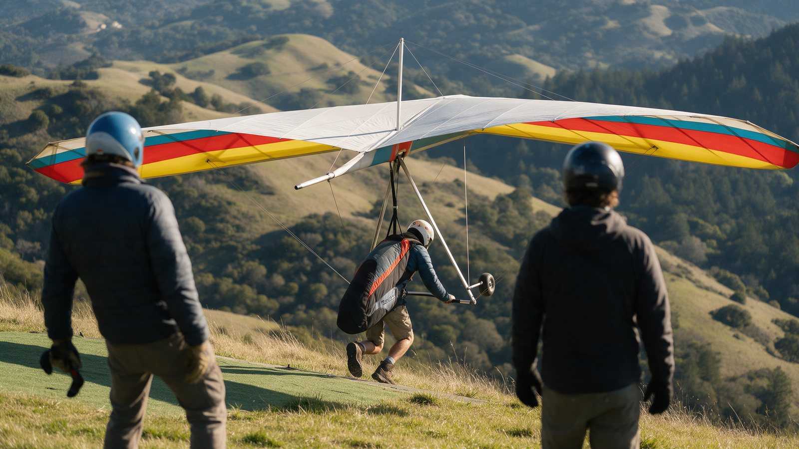 Paraglider pilots preparing at a coastal launch with their wings laid out on the grass