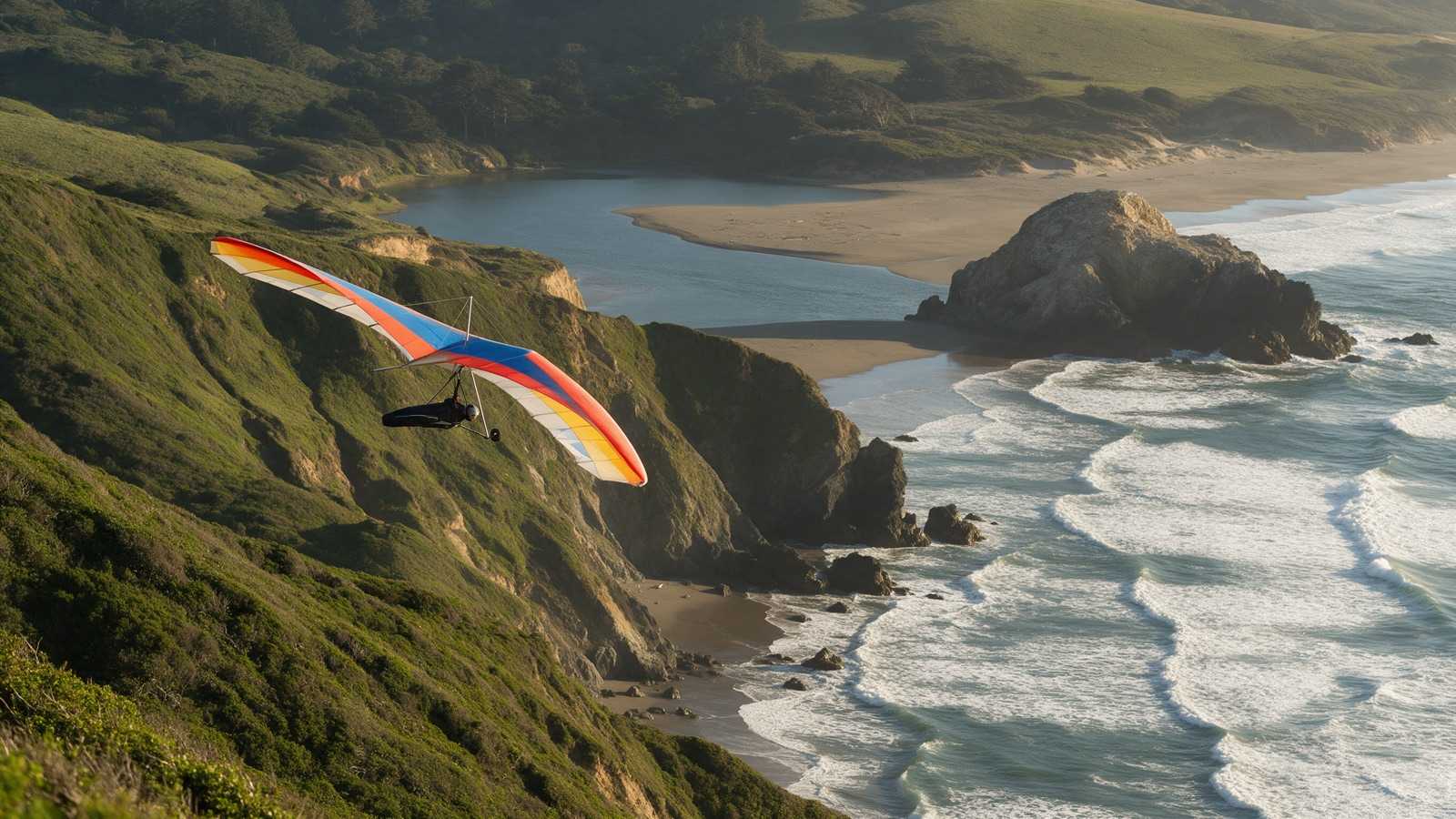 Hang glider soaring above the Sonoma Coast
